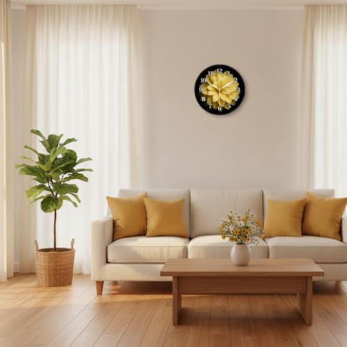 Image of Stunning Yellow Flower Wall Clock for Living Room Decor | Round Analog Silent Non-Ticking Clock with Black Frame | Floral Nature Watch for Bedroom, Kitchen & Office | High Contrast Modern Design