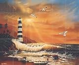 Ceramic Backsplash Tile Mural Nautical Sailing Ship Sailboat Lighthouse Kitchen/Bathroom/Shower - Majestic Lighthouse - Jeff Wilkie