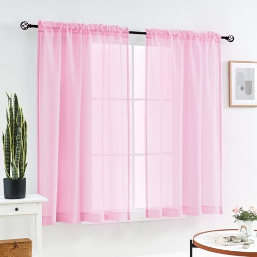 Image of MYSTIC-HOME Sheer Curtains Pink 63 Inch Length, Rod Pocket Voile Drapes for Living Room, Bedroom, Window Treatments Semi Crinkle Curtain Panels for Yard, Patio, Villa, Parlor, Set of 2, 52 inchx 63 inch