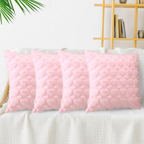 Mixweer 4 Set Valentines Pillow Covers Heart Throw Pillow Cases Valentines Decorative Cushion Pillowcase Gifts for Sofa Couch Home Anniversary Decorations(Pink,18 x 18 Inch)