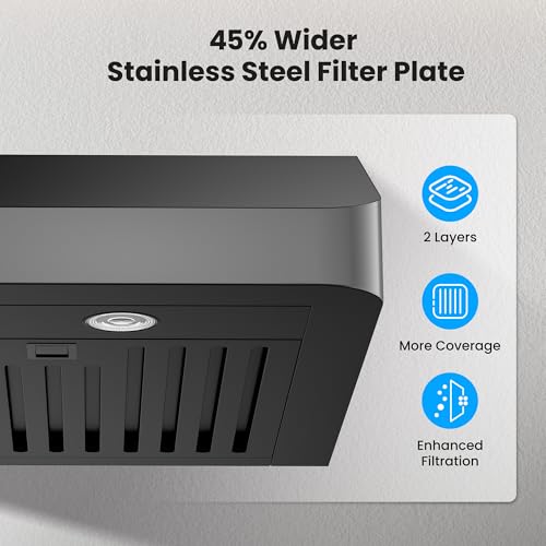 Image of VIKIO HOME Under Cabinet Range Hood 30 Inch, 980CFM Fast Venting Ducted, Kitchen Hood With 3 Speed Gesture Sensing & Touch Control, Stainless Steel Stove Vent Hood With LED Light, Black