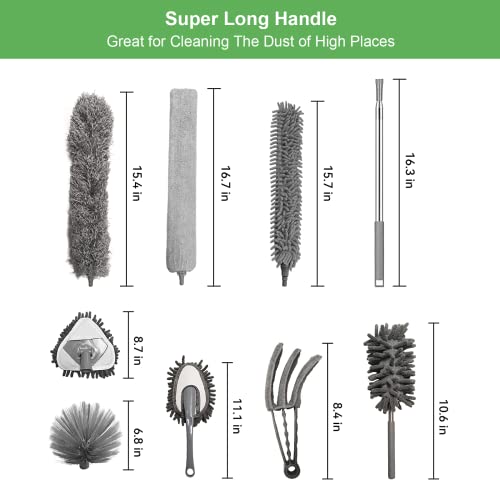 Microfiber Feather Duster, With Extension Pole(Stainless Steel) Up To 100 Inchs, Reusable Bendable Dusters, Lightweight Washable Dusters For Cleaning Fan, High Ceiling, Blinds, Furniture, Cars (9 Pcs) #TOP1