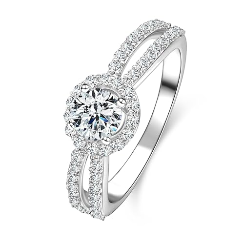 14K White Yellow Gold Plated Cubic Zirconia Promise Halo Engagement Promise Eternity Ring for Women, Bridal Band 1.0-2.0ct CZ Wedding Bands Princess Square Round Rings for Her Size 5-8