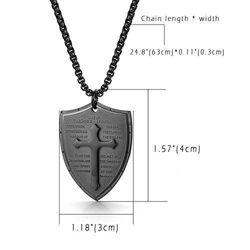 Cupimatch Men Shield Armor Of God Ephesians 6:16-17 Faith Cross Necklace, Stainless Steel Pendant Necklace,Black #TOP3