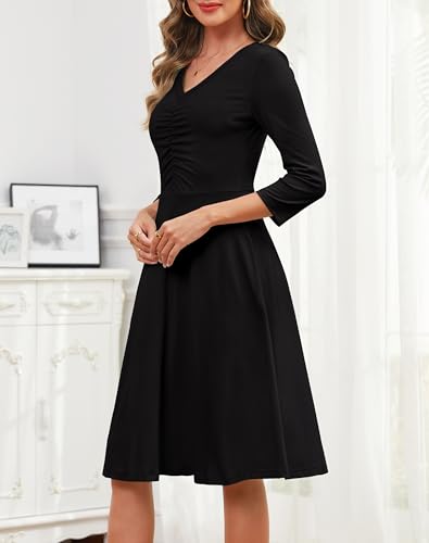 Annebouti Womens 2025 Fall Trendy 3/4 Sleeve A-Line Ruched V Neck Floral Midi Dress with Pockets3
