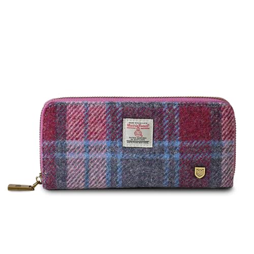 Image of Islander HarrisTweed & PU Leather women's long zip purse, Carry Cash & card, Scottish Style, Pink and Blue Tartan