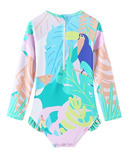 Baby Girls Long Sleeve Bathing Suits One Piece Swimsuits with Zipper Toddler Kids UPF 50+ Sun Protection Rash Guard 12 Months Parrot