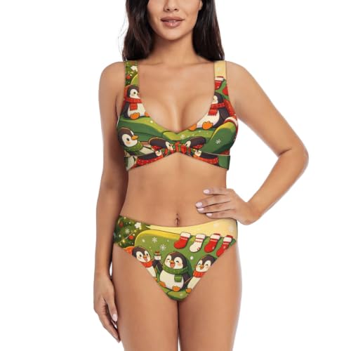 Bikini croisé femme avec push-up amovible et motif triangle pingouin mignon