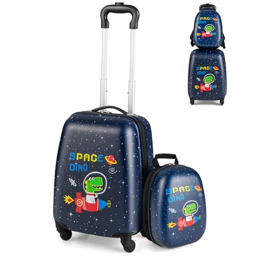 SOARS Juego de Maletas de Viaje Cabina para Niños, Juego Maletas de Viaje, 16' Maleta con Ruedas + 12' Mochila Infantil con Asa y Correas Ajustables, Individual Maleta Pequeña para Niños (Dinosaurio)