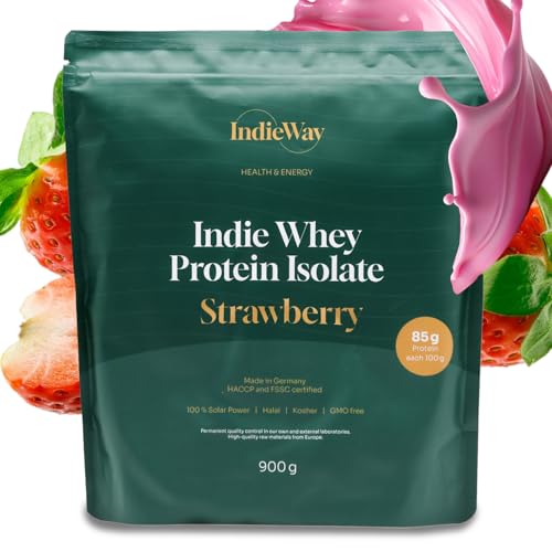 IndieWay Proteína de suero aislado de fresa, 900 g, proteína en polvo con 85% de contenido de proteínas, proteína en polvo para batidos de proteínas, proteína de suero para el desarrollo muscular