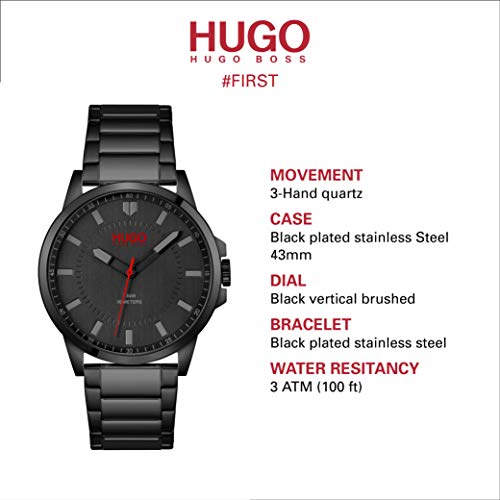 Hugo #First Men's Quartz Stainless Steel And Link Bracelet Casual Watch, Color: Black (Model: 1530187) #TOP4