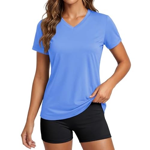 MAGCOMSEN Women's Workout Tops Short Sleeve UPF 50+ Athletic Shirts Quick Dry V-Neck T-Shirt Moisture Wicking Gym Tee