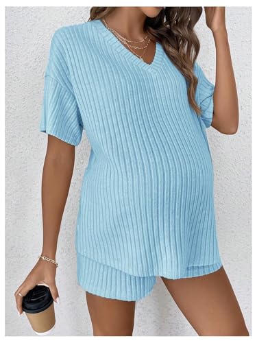 Image of MakeMeChic Women's Maternity Sets Summer Rib Knit Top and Short | 2 Piece Mama Clothes,Lounge,Short Sleeve Tee Shirt,Pregnancy Pajamas,Bump Friendly Outfits