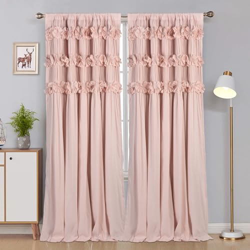 Image of Homechoice Decor Luxurious Peach Pink Blackout Curtains with 3 Rows of Handmade Butterfly Flower Ruffles, Room Darkening and Soundproof Window Curtain 54" x 84", 2 Panels, Machine Washable (LQ-37)