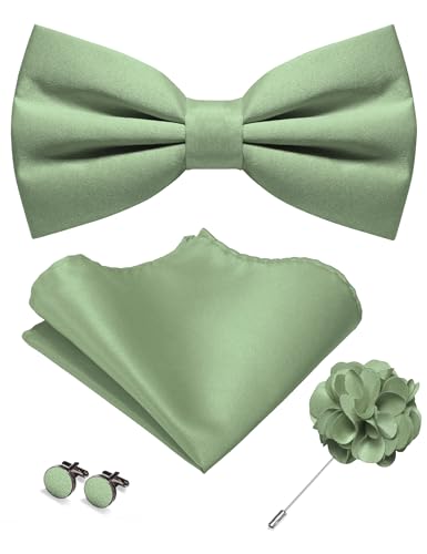 JEMYGINS Pre-tied Sage Green Bow Tie and Pocket Square Cufflinks Lapel Pin Sets for Men Wedding Party(31)