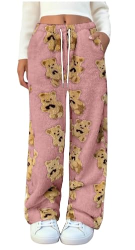 WINKEEY Pantalon Pyjama Ours Femme en Polaire Bas de Pyjama Mignon Pantalon Chaud Doux Taille Haute Élastique, Rose S