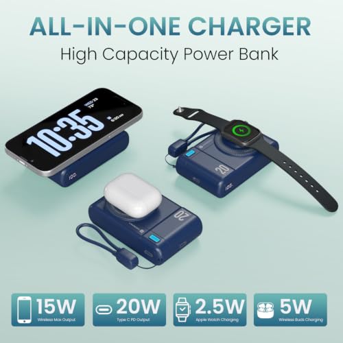 Image of Portronics Power Shutter Air 20K 20000mAh 15W Magnetic Wireless Fast Charging Powerbank with in-Built Type C Lanyard Cable, qi2 Certified, 22.5W Type C PD Output, Type C Bidirectional Port (Blue)