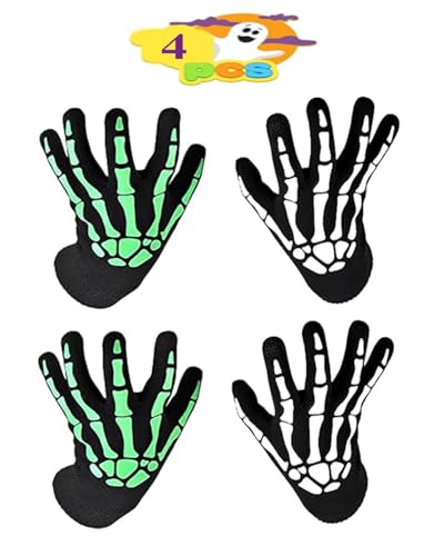 UCKriito Halloween Handschuhe 4pcs Unisex Skelett Handschuhe Halloween Glow in The Dark Horror Skeletthandschuhe Schwarz Leuchtende Skeletthandschuhe für Erwachsene Kinder