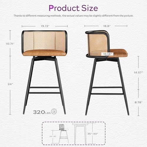 Image of 26 inch Swivel Rattan Bar Stools Set of 2, Counter Height Barstools, Brown | TYBOATLE, Farmhouse, Mid-Century Modern, Rattan Woven Back, Faux Leather Seat, Island, Kitchen