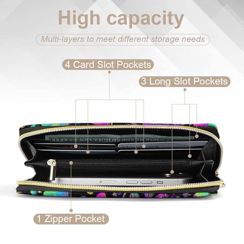 Women's Travel Zipper Purse Fashion Design, Huge Storage Capacity Purse, Cute Decor Wallet, Long PU Wallet Neon Mushrooms Pattern Purple4