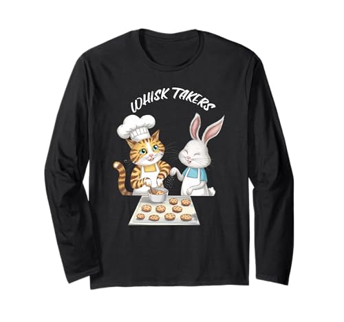 おもしろしゃれ泡立て器 猫とウサギが一緒に焼く かわいい 長袖Tシャツ