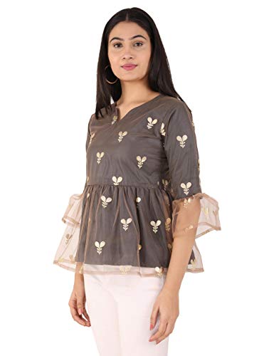 Image of UNFAKENOW Women Trendy Indo Western Casual wear Stylish Going Out Peplum Cotton top Ladies Floral Print Ruffled Plus Size Party net Tunic Long Bell Sleeve Pleated Fancy Nice top