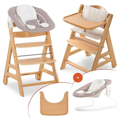 hauck Alpha Move Newborn Set - Baby Holz Hochstuhl ab Geburt inkl. 2in1 Aufsatz für Neugeborene, Sitzpolster & Essbrett - mitwachsend & verstellbar