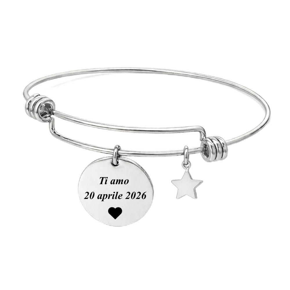 Bracciale Donna Personalizzato Personalizzabile con Incisione in Acciaio Inox Rigido – Incisione Nome Data Frase – Ciondolo Stella Stellina – Idea Regalo Elegante