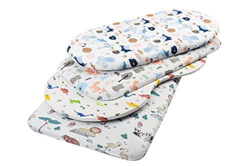 Image of Onacosht Bassinet Sheets for Baby Boy and Girl, Stretchy Fitted Sheet Universal for Bassinet Cradle Hourglass Oval Rectangle Pad /Mattress, 4 Pack Undersea Fish, Animal and Dinosaur Printing