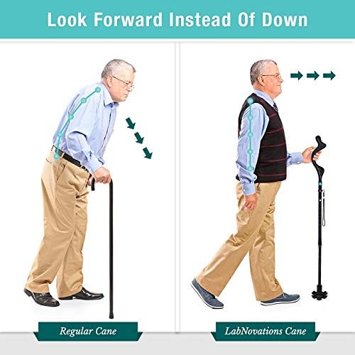 LabNovations Medical Posture Walking Cane, Portable Self-Standing 10 Height Lightweight Adjustable, Folding, Collapsible Hand Walking Stick for Men & Women. 360 Traction Tip