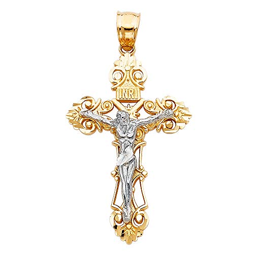 Wellingsale 14K Two 2 Tone White And Yellow Gold Polished Religious Catholic Gothic Crucifix Charm Pendant #TOP1