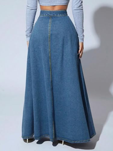 Women's Retro Flared Long Jean Skirt-High Waist Button Front, Pleated Flowy Swing Maxi Skirt in Classic Denim Wash2