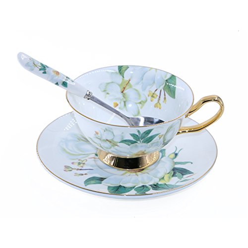 99/5000 T Tocas Elegant Bone China Coffee Cup Conjunto de taza de té y platillos, 7 oz (Impresión de camelia blanca)