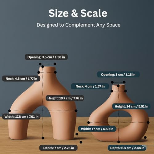 Image of PUREZENTO Abstract Brown Ceramic Donut Vase 5.4 & 7.7 Inch - Set of 2 | Decorative Unique Modern Vase for Dried Flowers & Pampas Grass | Vases for Modern Home Decor, Living Room, Office Decor Ideas