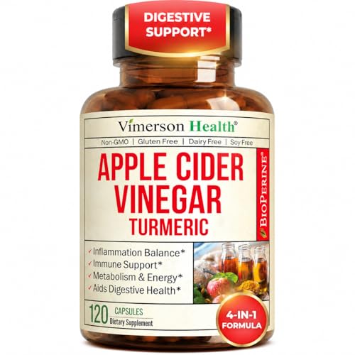 Organic Apple Cider Vinegar with Turmeric Curcumin Supplement & Ginger for Digestive Health, Metabolism, Energy & Joint Support – Organic Turmeric & Apple Cider Vinegar Capsules – 120 Vegan Capsules