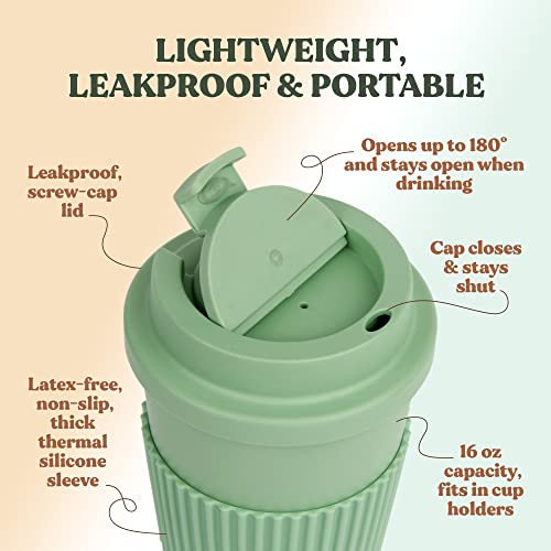 Febu Plant-Based Reusable Coffee Cup With Lid And Sleeve | 16Oz, Sage Green | Portable Travel Mug Made From Bamboo | Dishwasher Safe, Zero Waste, Plastic Free With Leak-Proof Screw-On Lid #TOP2