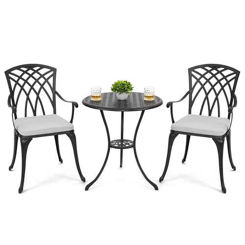 NUU GARDEN Bistro Set 3 Piece Outdoor Cast Aluminum Patio Bistro Set Patio Table and Chairs Set of 2 with Umbrella Hole and Gray Cushions, Black