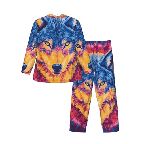 Tie Dye Pattern Of Wolf Mens Pajamas Set Button Down Sleepwear Set Long Sleeve Loungewear With Pockets4