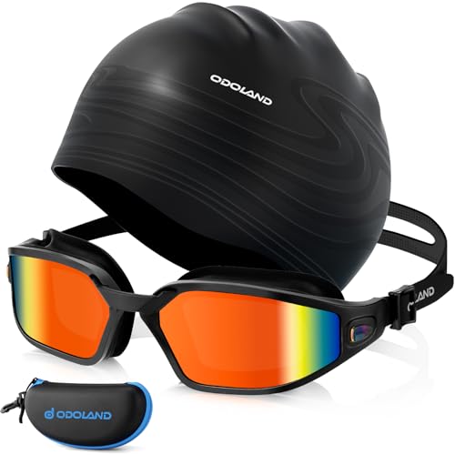 Odoland Swimming Goggles with Cap, Anti Fog UV Protection Clear Vision Goggles, Silicone Cap for Adult Unisex Men Women Youth Green