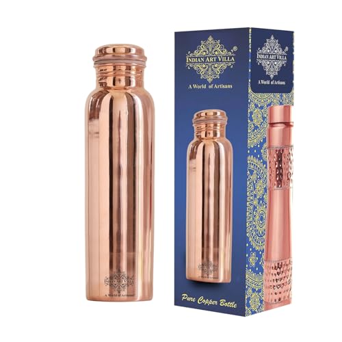 Indian Art Villa Copper Leak Proof Joint Free Bottle | 34 OZ | for Travel, Storage and Drinking Purpose (Set of 2)…