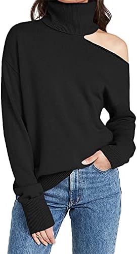 Women Off Shoulder Sexy Knitwear,Autumn and Winter Turtleneck Sweater Pullover Top,Solid Color Knit Crochet Pullover Hoodies,Long Sleeve Tunics for Women(Black,Medium)