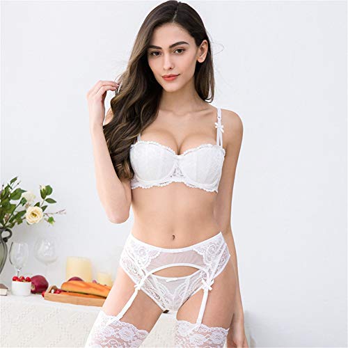 Women Push Up Bras Set Lace Lingerie Bra Panties Garter Stocking 4pcs/lot (V701DD,White, 38C)