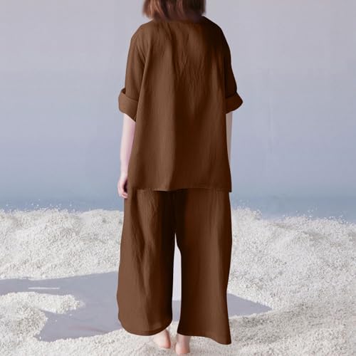 Two Piece Sets for Women Summer Outfits Lounge Sets V-Neck Linen Wide Leg Crop Pants Vacation Travel Outfits, S-5XL4