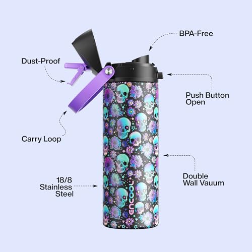 Image of Insulated Water Bottle with Straw - Encool Stainless Steel Water Bottle with Push Button Lid, Leak-Proof & BPA-Free, Keeps Cold for 24 Hours for Sports, Travel, Gym (24 oz, Floral Afterlife)