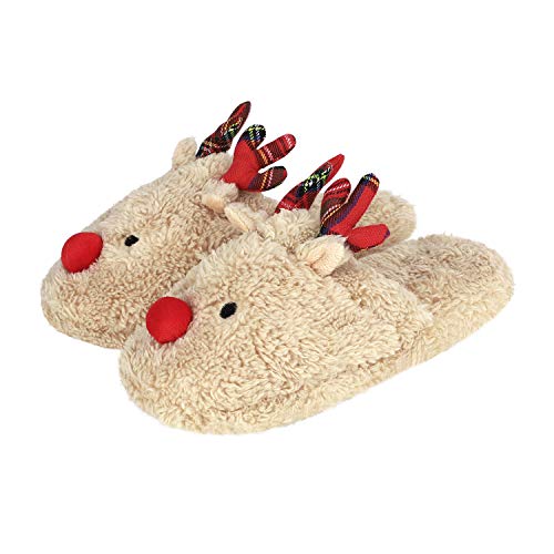 Xmas Buffalo Plaid Reindeer Antler Women’s Fluffy Plush Slip On Cotton Slippers Non-Slip Indoor House Warm Fuzzy Spa Slippers