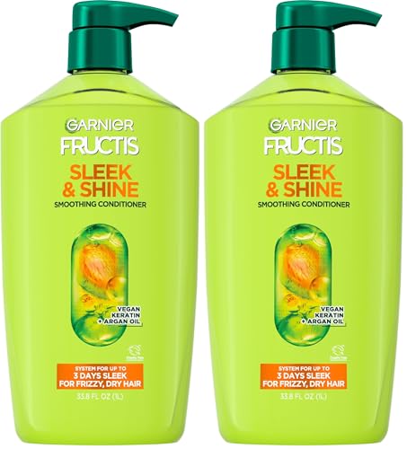 Garnier Fructis Sleek & Shine Conditioner, Smoothing Conditioner for Frizzy, Dry Hair with Argan Oil and Vegan Keratin, 33.8 Fl Oz (Packaging May Vary) (Pack of 2)