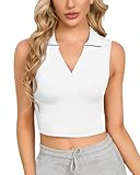 CLOZOZ Womens Tank Polo V Neck Ribbed Sleeveless Crop Tops Collar Cropped Tank Shirts Trendy White