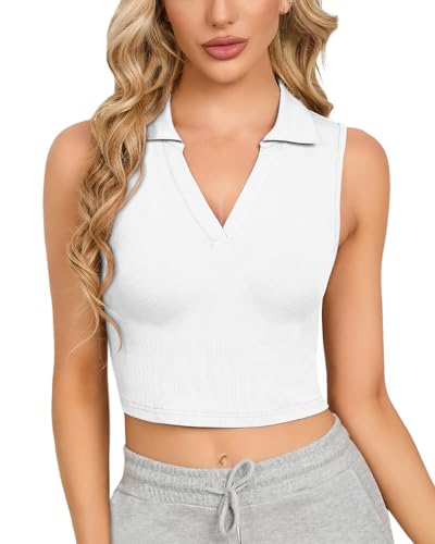 CLOZOZ Womens Tank Tops Polo Crop Top V Neck Ribbed Sleeveless Tops Collar Shirts Womens Crop Tops Polo Cropped Tank Trendy