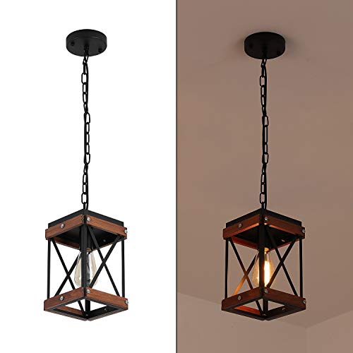 Fivess Lighting Rustic Farmhouse Pendant Light With Wood And Metal Cage, One-Light Adjustable Chains Industrial Mini Pendant Lighting Fixture For Kitchen Island Cafe Bar thumb #6