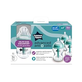 Tommee Tippee biberon anti-colica, 260ml, con tettarella simile al seno materno, cannuccia anti-colica ventilata, autosterilizzante, 3 pezzi